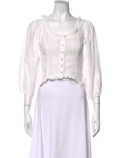 Pre-owned Sandy Liang Floral Print Square Neckline Blouse In White