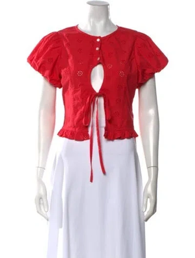 Pre-owned Sandy Liang Floral Print Tie Neck Top In Red