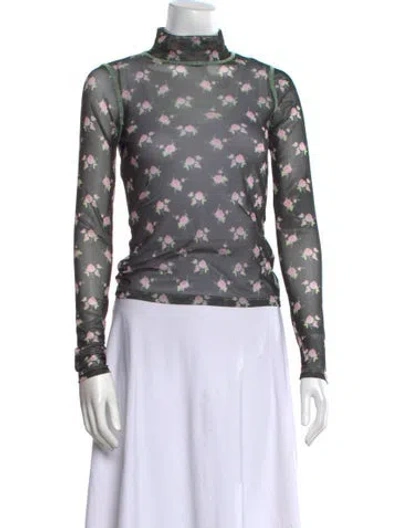 Pre-owned Sandy Liang Floral Print Turtleneck Sweatshirt In Green