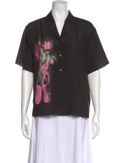 Pre-owned Sandy Liang Floral Print V-neck Button-up Top In Black