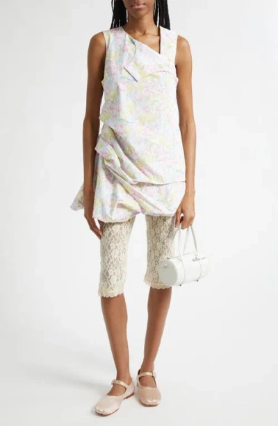 Sandy Liang Gingko Tulip Print Ruched Cotton Dress In Neutral