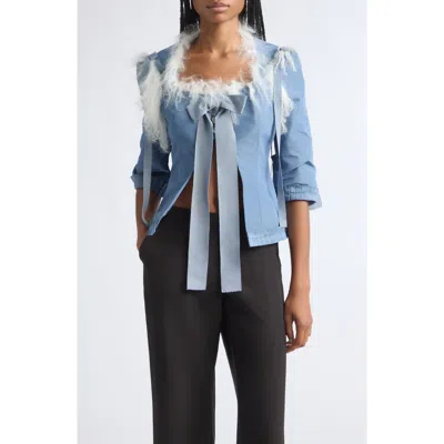 Sandy Liang Josie Genuine Shearling Trim Taffeta Top In Blue