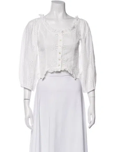 Pre-owned Sandy Liang Lace Pattern Square Neckline Blouse In White