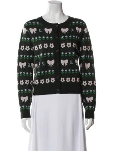 Pre-owned Sandy Liang Merino Wool Floral Print Sweater In Black