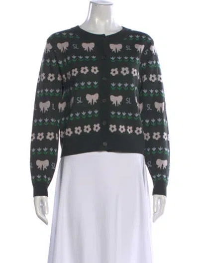 Pre-owned Sandy Liang Merino Wool Floral Print Sweater In Green