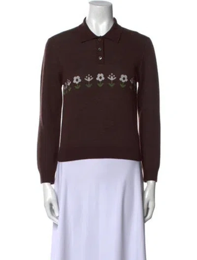 Pre-owned Sandy Liang Merino Wool Graphic Print Sweater In Brown