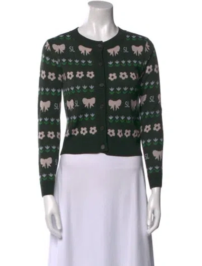 Pre-owned Sandy Liang Merino Wool Printed Sweater In Green