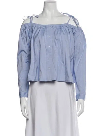 Pre-owned Sandy Liang Off-the-shoulder Long Sleeve Button-up Top In Blue