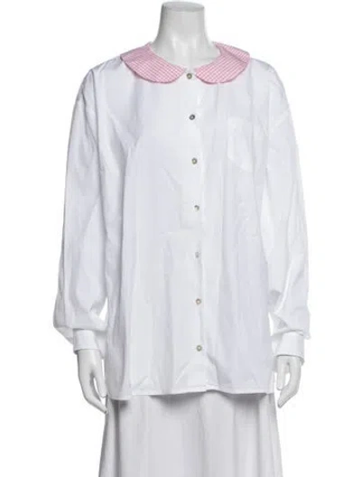 Pre-owned Sandy Liang Plaid Print Long Sleeve Button-up Top In White