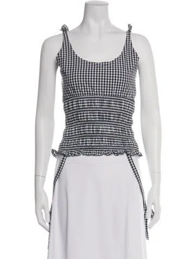 Pre-owned Sandy Liang Plaid Print Scoop Neck Crop Top In White