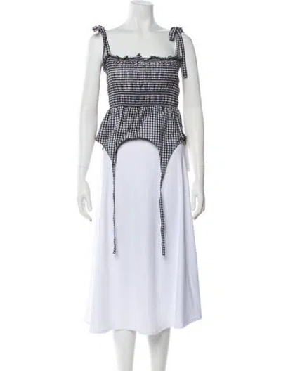 Pre-owned Sandy Liang Plaid Print Square Neckline Crop Top In White