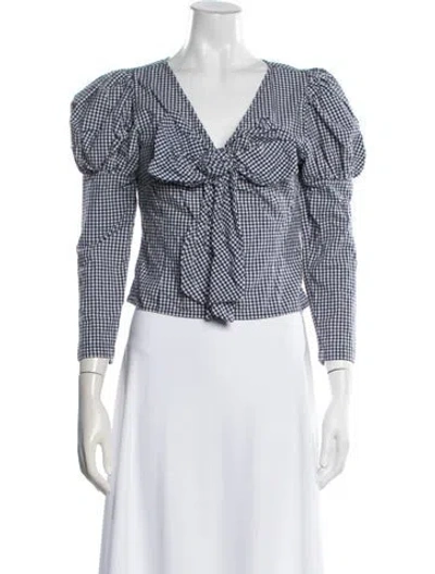 Pre-owned Sandy Liang Plaid Print V-neck Blouse In Blue