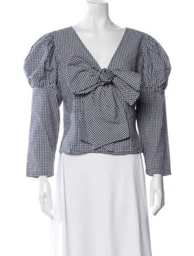 Pre-owned Sandy Liang Plaid Print V-neck Blouse In White