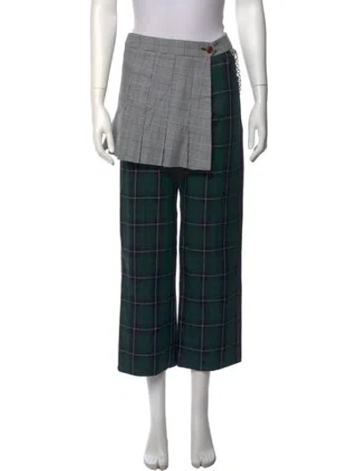 Pre-owned Sandy Liang Plaid Print Wide Leg Pants In Green