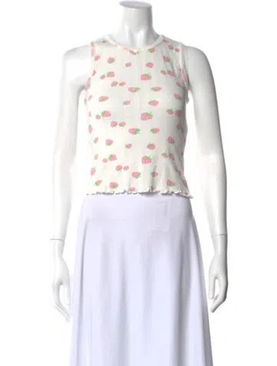 Pre-owned Sandy Liang Printed Crew Neck Crop Top In White