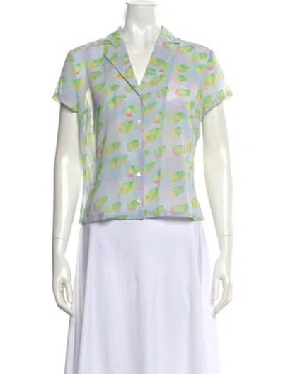 Pre-owned Sandy Liang Printed V-neck Blouse In Blue