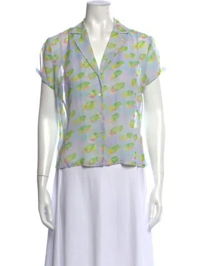 Pre-owned Sandy Liang Printed V-neck Blouse In Blue