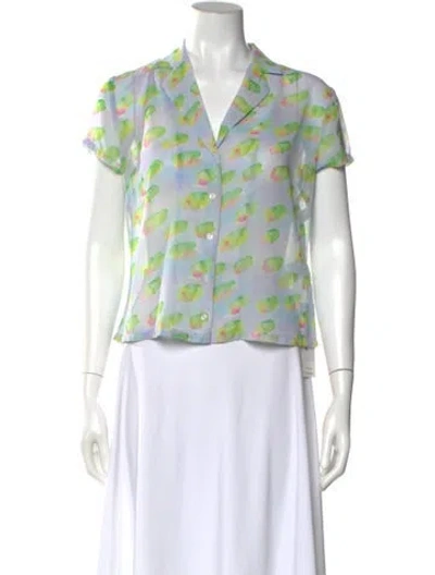 Pre-owned Sandy Liang Printed V-neck Button-up Top In Blue