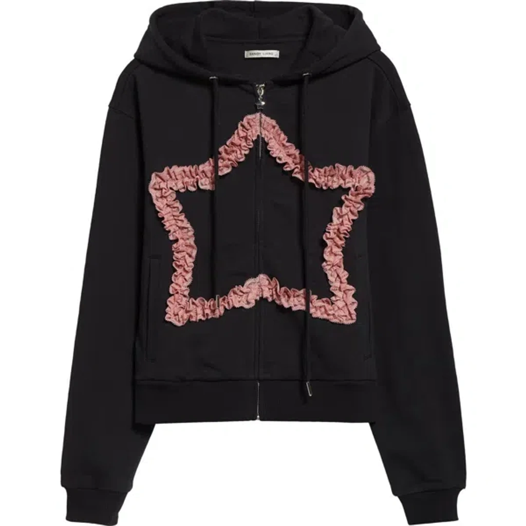 Sandy Liang Regina Star Cotton Zip Hoodie In Black | ModeSens