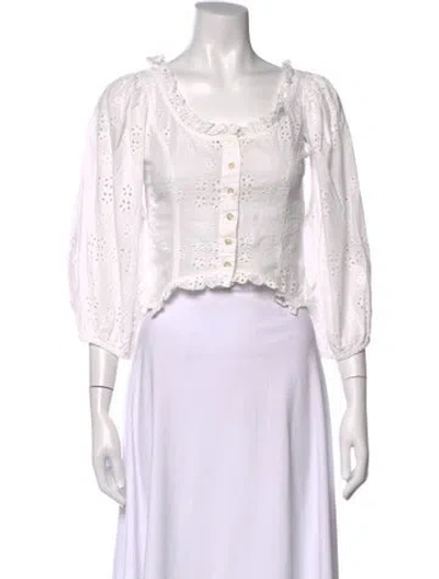 Pre-owned Sandy Liang Scoop Neck Three-quarter Sleeve Blouse In White