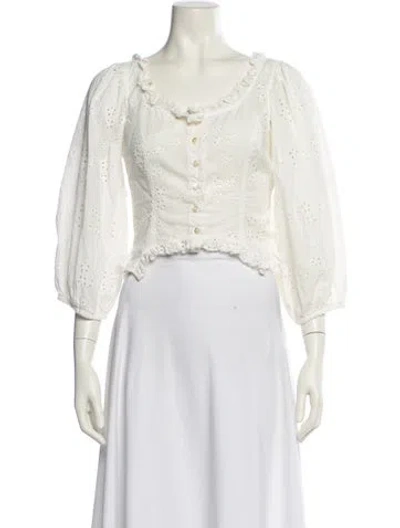 Pre-owned Sandy Liang Scoop Neck Three-quarter Sleeve Crop Top In White