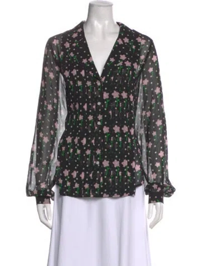 Pre-owned Sandy Liang Silk Floral Print Blouse In Black