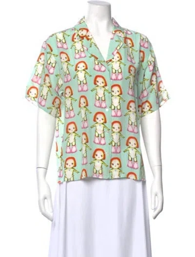 Pre-owned Sandy Liang Silk Graphic Print Top In Green