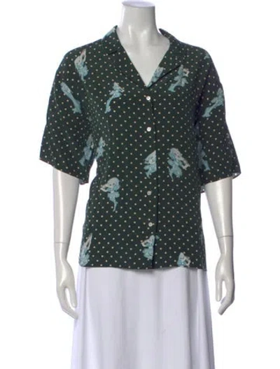 Pre-owned Sandy Liang Silk Polka Dot Print Button-up Top In Green