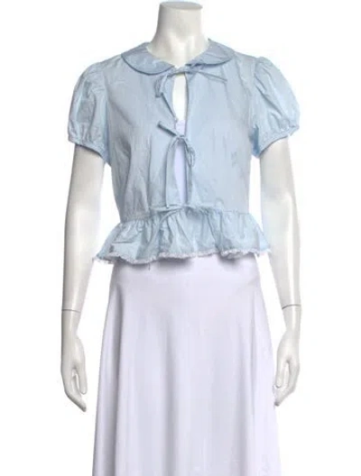 Pre-owned Sandy Liang Tie Neck Short Sleeve Top In Blue
