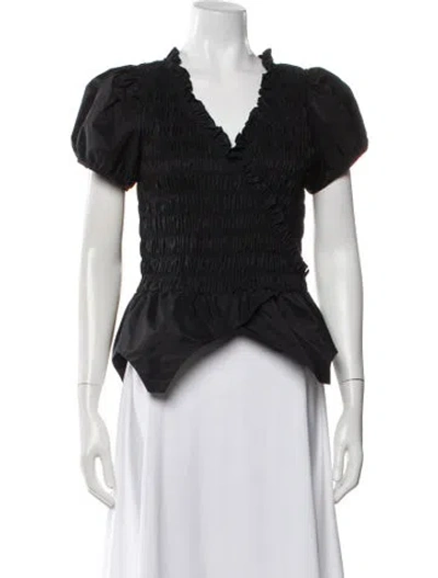 Pre-owned Sandy Liang V-neck Short Sleeve Blouse In Black