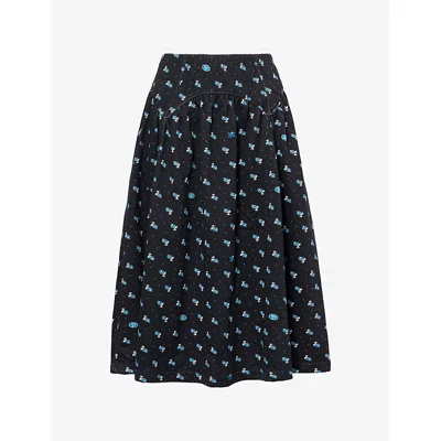 Sandy Liang Womens Navy Houston Floral Cotton-jersey Midi Skirt Xs In Blue