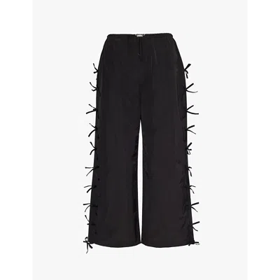 Sandy Liang Womens Black Poppet Bows-embellishment Wide-leg High-rise Shell Trousers In Black