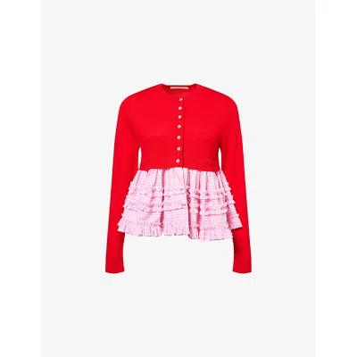 Sandy Liang Womens Pawpaw Ruffle-gingham Cotton-wool Cardigan Red