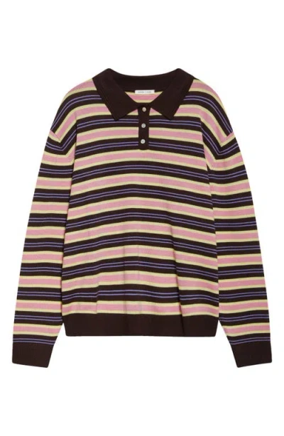 Sandy Liang Woods Stripe Merino Wool Polo Sweater In Brown