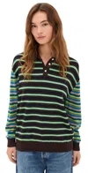 Sandy Liang Woods Mixed Stripe Merino Wool Polo Sweater In Black