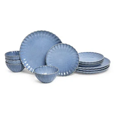 Sango Frill 12-piece Casual Reactive Blue Dinnerware Set - Service For 4, Made Of Durable Stoneware
