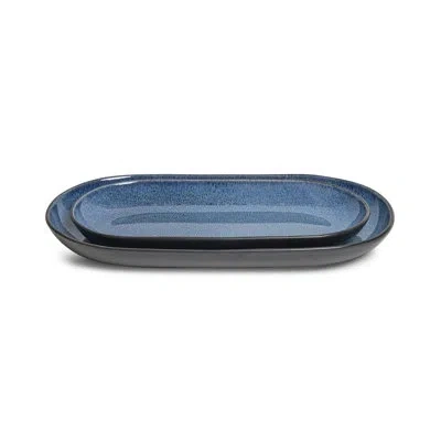 Sango Resona Moss Serving Platters Set Of 2, 12" & 14" Stoneware Platter, Microwave & Dishwasher Safe In Blue,black
