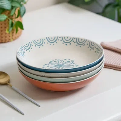 Sango Siterra Glazed Garden Speckled Stoneware Pasta Bowl Set Of 4- Wide Shallow Dinner Bowls With Hand-pa In Multi