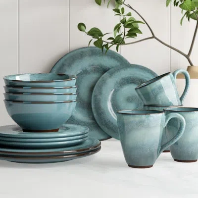 Sango Toren 16-piece Casual Denim Stoneware Dinnerware Set - Service For 4, Plate, Bowl & Mug Set In Teal