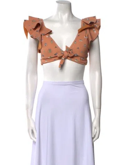 Pre-owned Sanlier Floral Print V-neck Crop Top W/ Tags In Orange