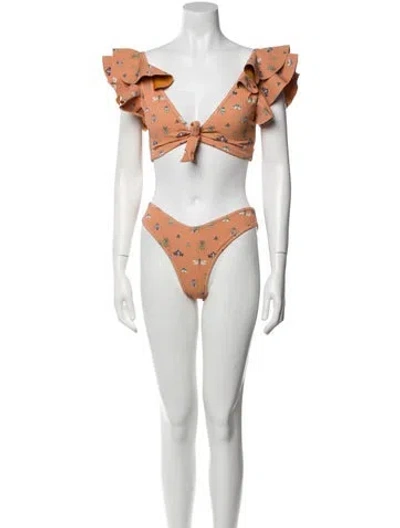 Pre-owned Sanlier Printed Bow Accents Bikini In Orange
