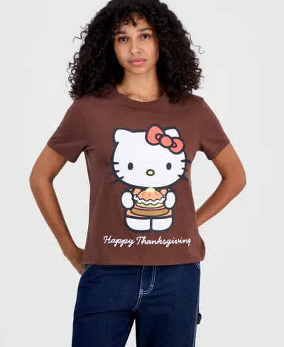 Sanrio Juniors' Hello Kitty Thanksgiving Crewneck Tee In Shaved Chocolate