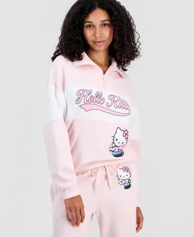 Sanrio Juniors' Hello Kitty Varsity Quarter-zip Fleece Pullover Sweatshirt In Ballet Slipper