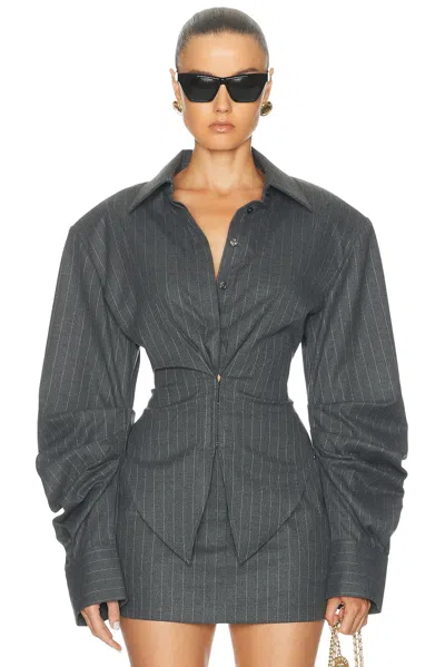 Sans Faff Pinstripe Founder's Blouse In Grey Pinstripe