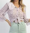 SANS SOUCI FLEUR SMOCKED RUFFLED CUFF TOP IN LILAC