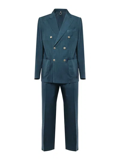 Santaniello Double-breasted Pure Linen Suit In Blue