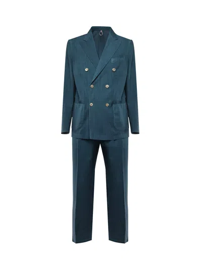 Santaniello Double-breasted Pure Linen Suit In Blue