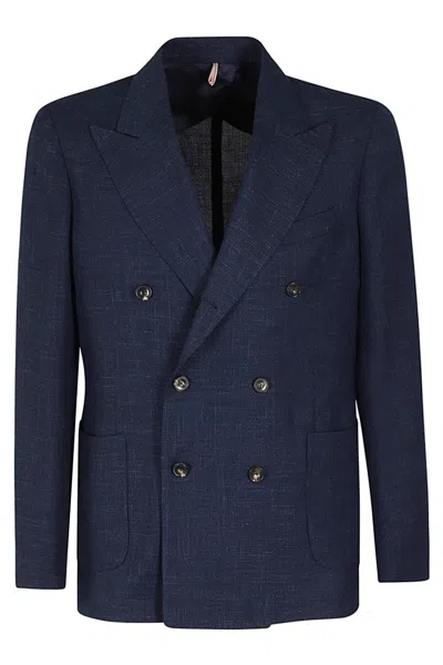 Santaniello Double Breasted Slim Wool Linen Jacket In Blue