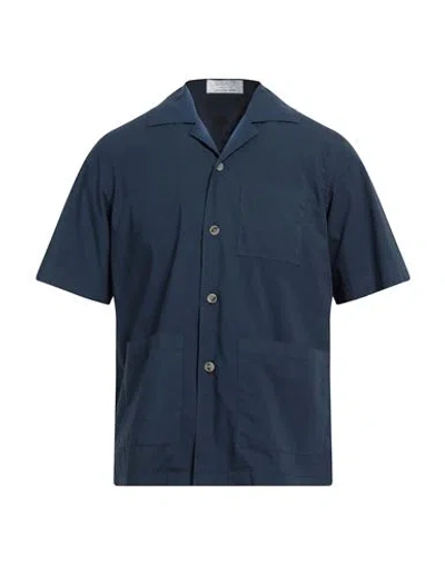 Santaniello Man Shirt Navy Size 44 Cotton, Elastane In Navy Blue