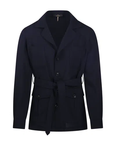 Santaniello Double Breasted Jacket Linen Cotton Armoured In Blue